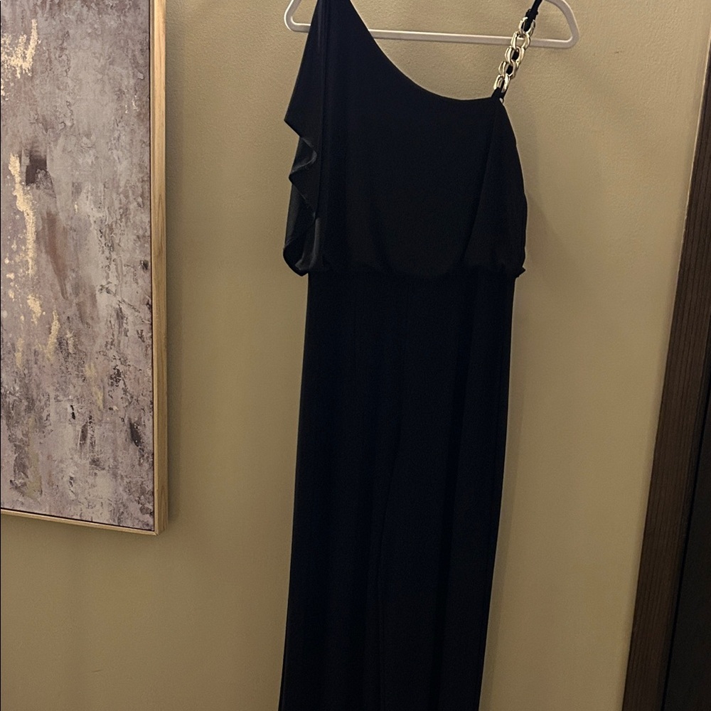 Soho Apparel Black One-Shoulder Wide Leg Jumpsuit with Chain Detail